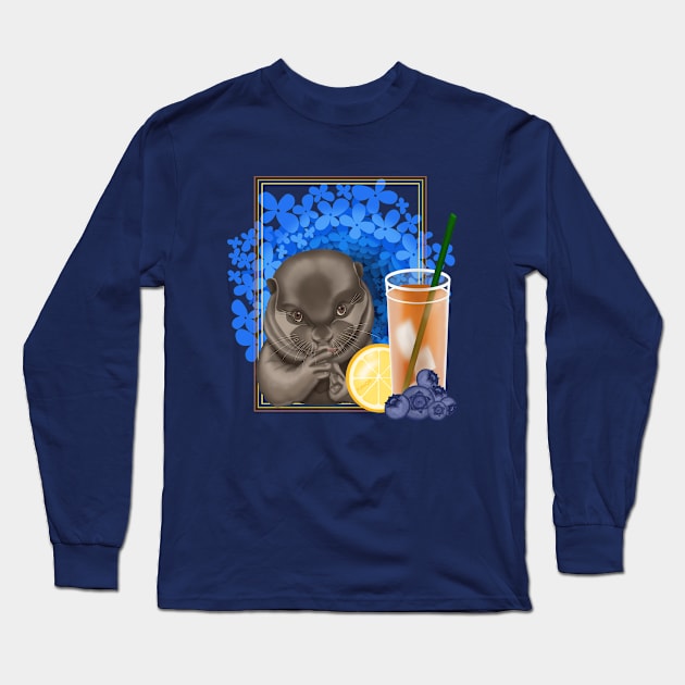 Cute Otter with cocktail, lemon and blueberries Long Sleeve T-Shirt by KateQR